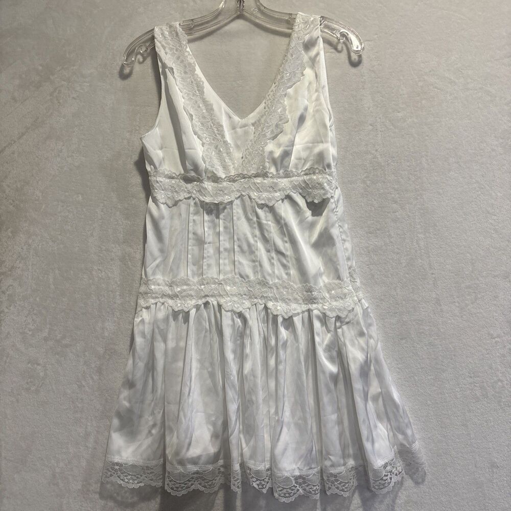 Mini Slip Dress White Satin Lace Trim V Neck Romantic Feminine Delicate Small